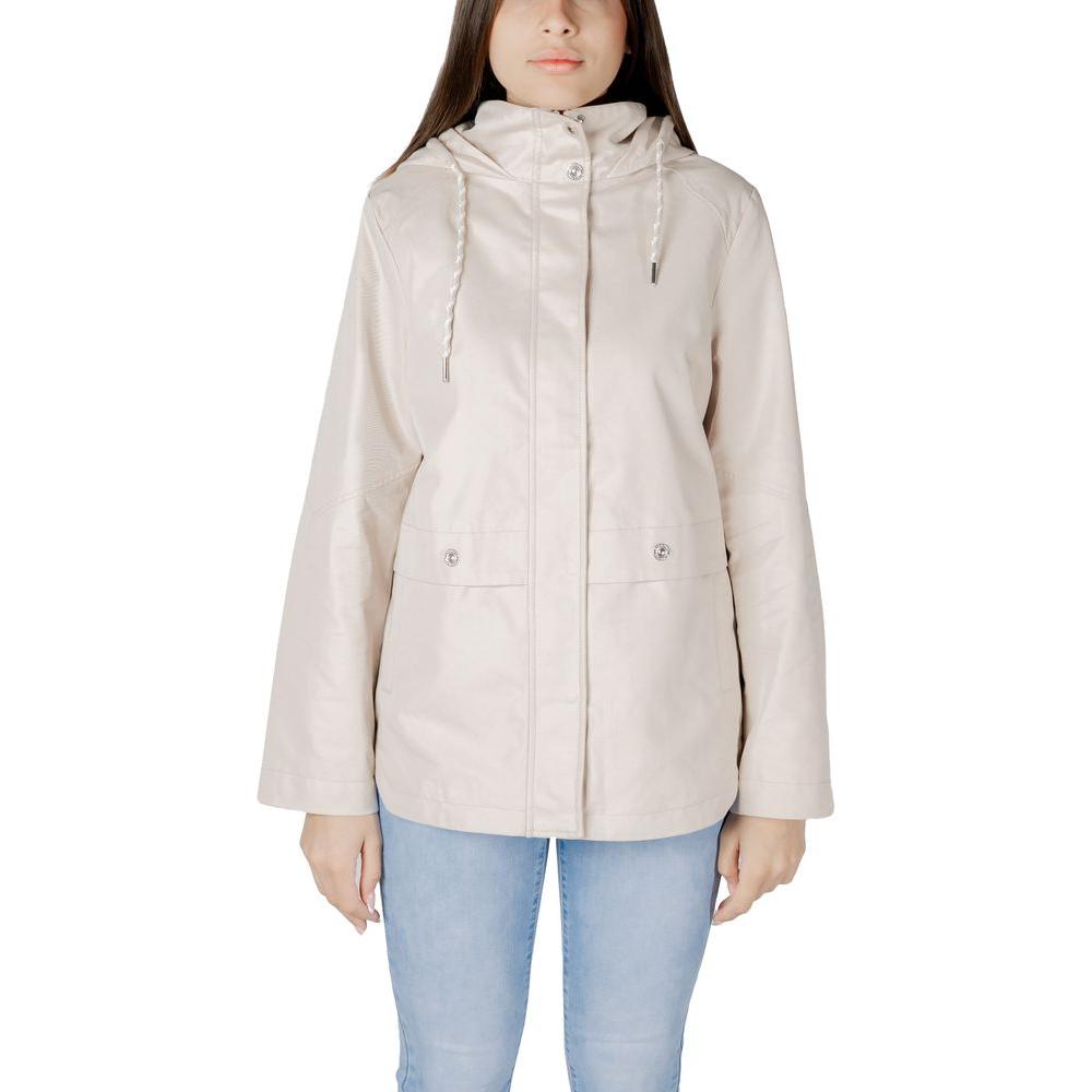 Woman wearing Street One beige cotton parka jacket with adjustable hood and front pockets, model 202053, stylish and cozy for cooler days.