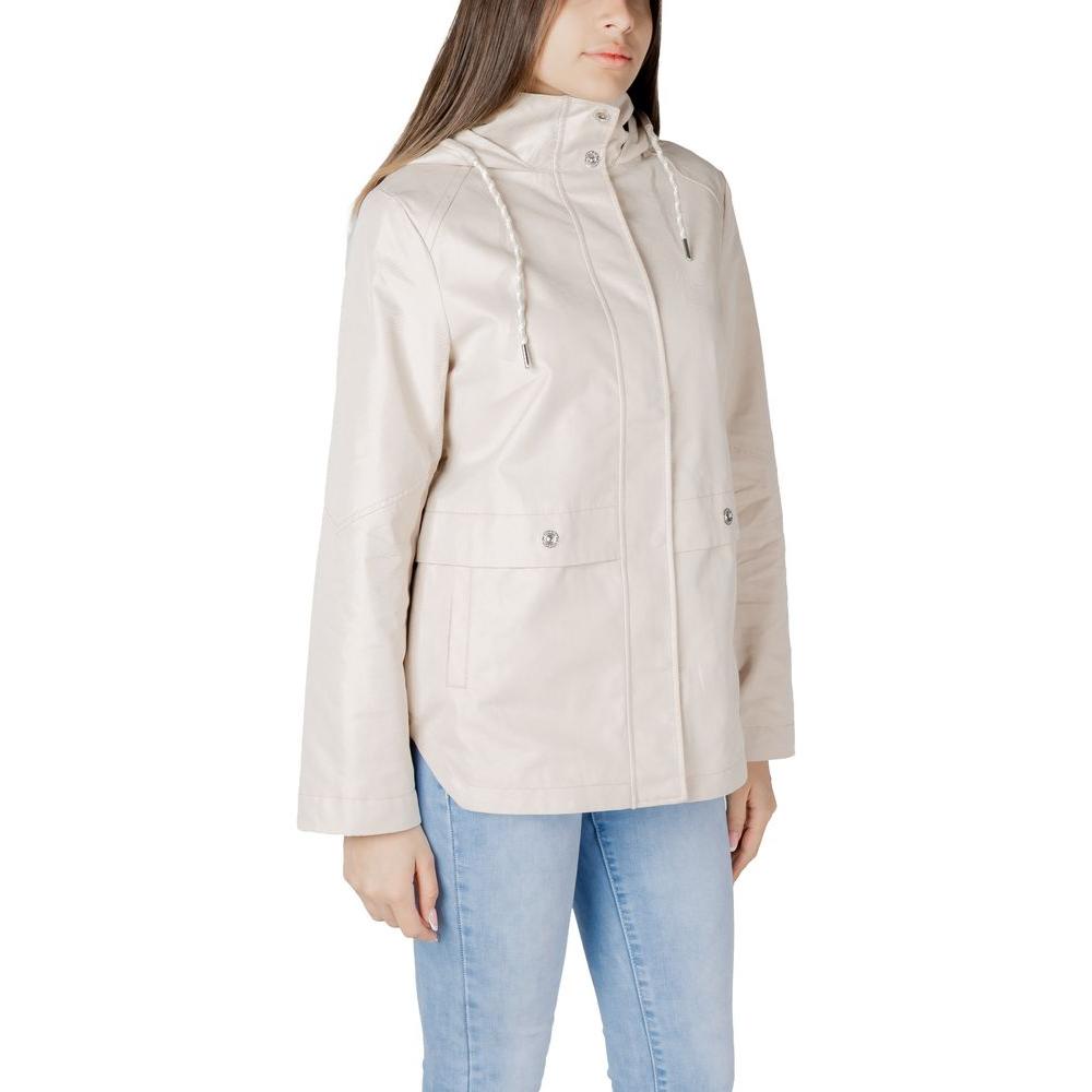 Woman wearing Street One beige cotton parka jacket with adjustable hood and front pockets, perfect for casual and elegant cool-weather style.