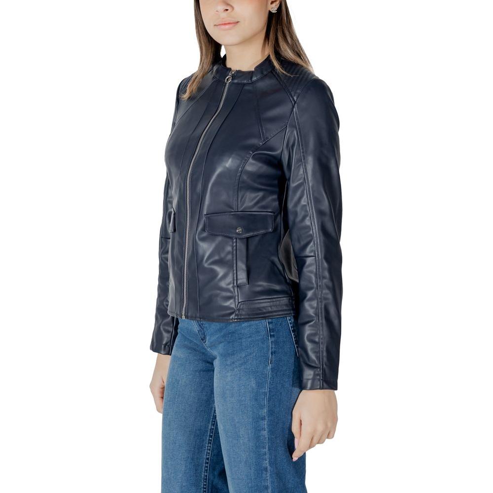Alt Tag: Woman wearing Street One black polyester jacket, featuring a sleek design and versatile style for women.