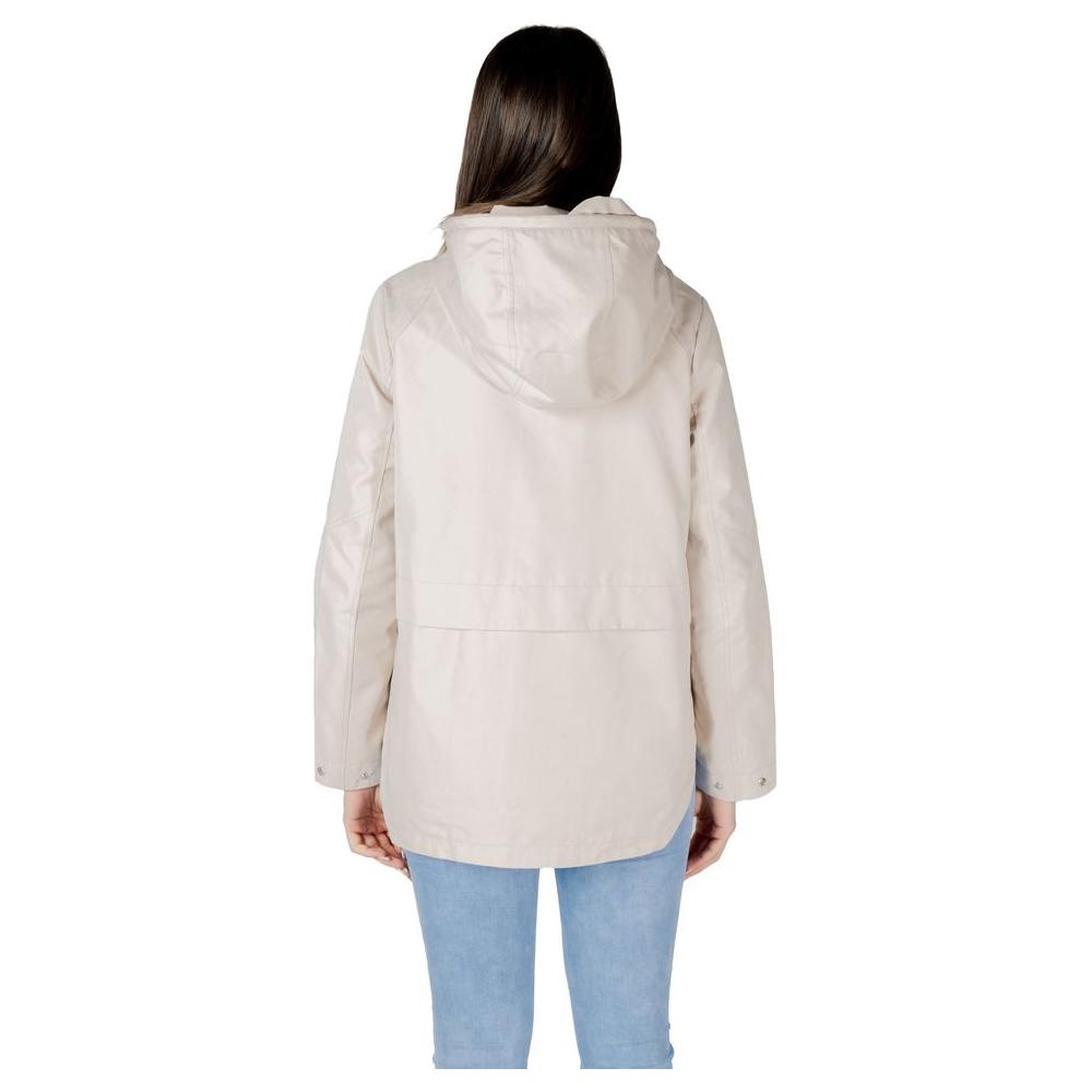 Back view of Street One beige cotton parka jacket with hood.
