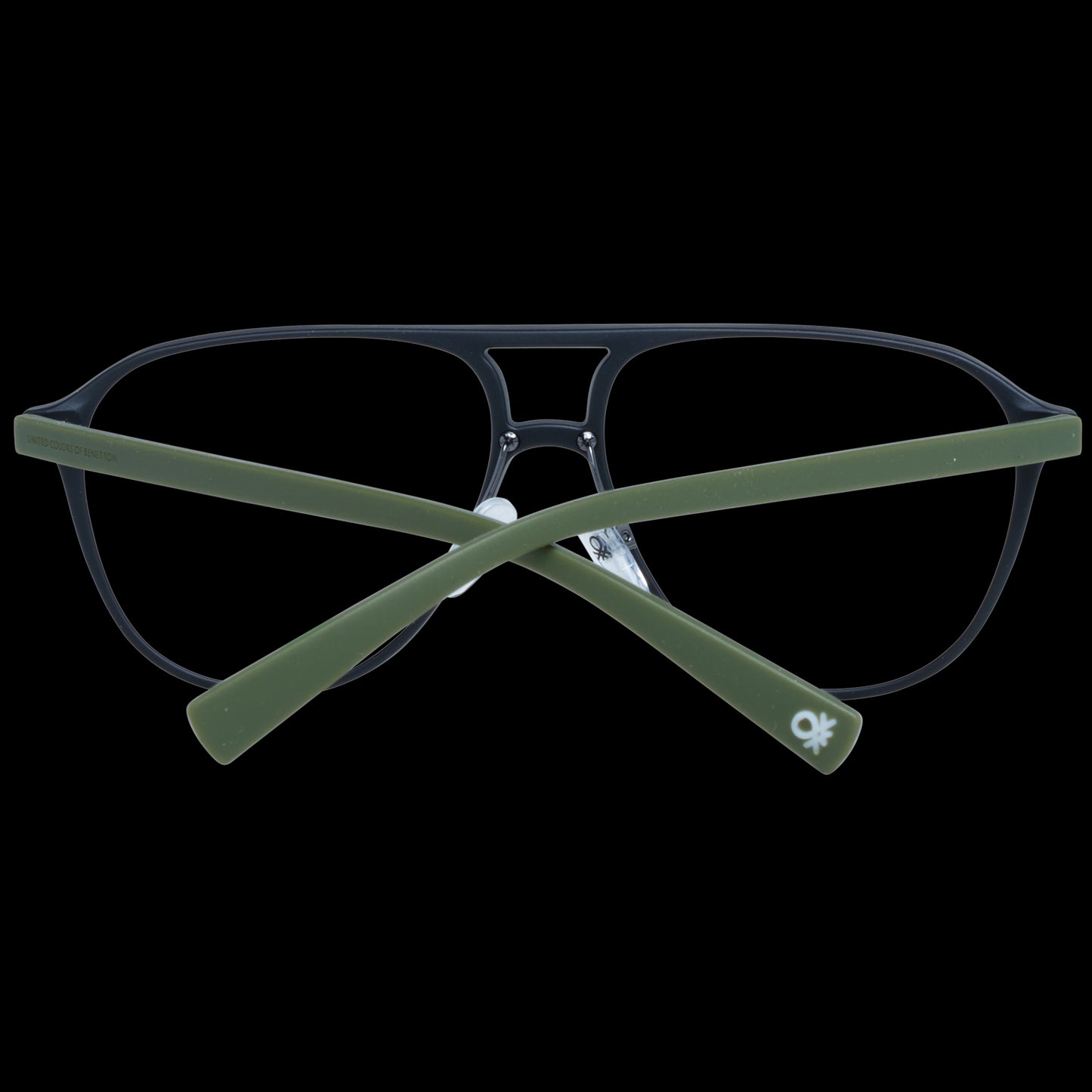 Benetton MOD. BEO1008 56001 glasses, gent's fashion accessory, front and side view with green temples, sleek and modern design