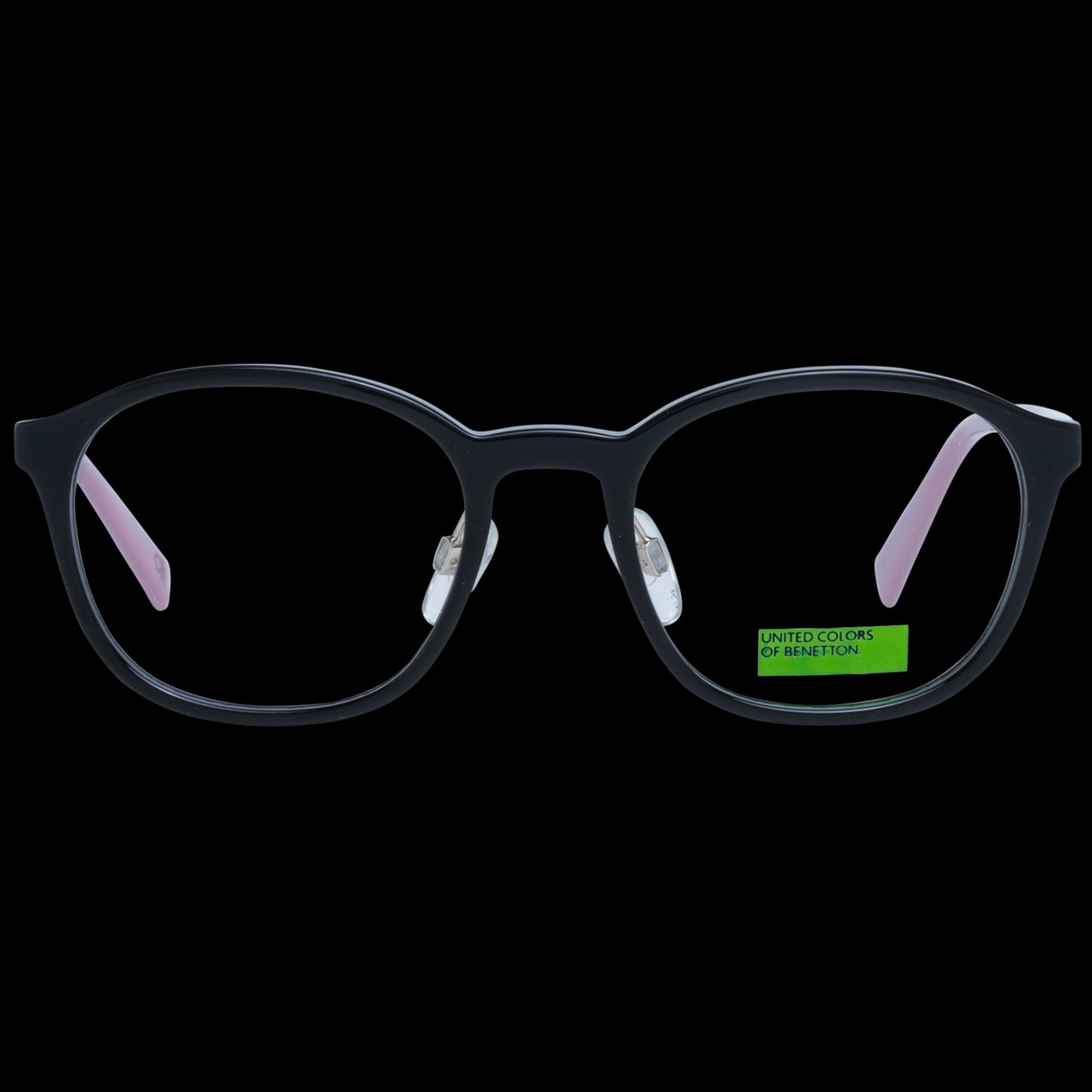 Women's Benetton BEO1028 49001 eyeglasses with black frame and round lenses, featuring pink inner arms.