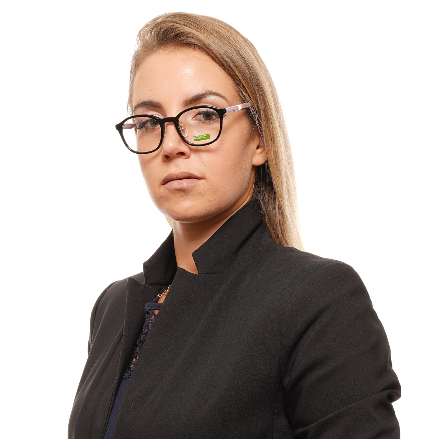 Woman wearing Benetton MOD. BEO1028 49001 eyeglasses, stylish black frame, professional look.