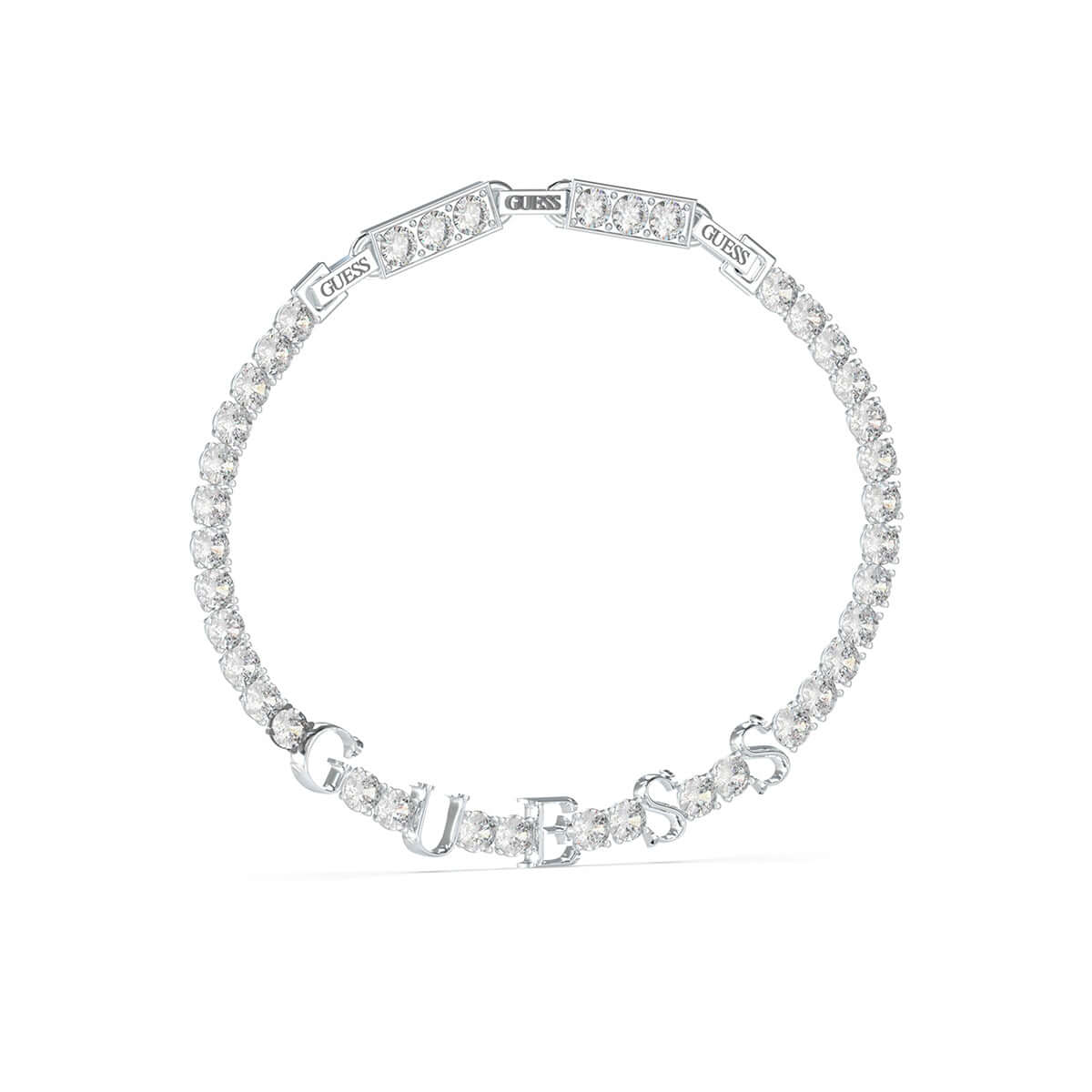 Silver Guess bracelet with sparkling crystals, model JUBB04218JWRHT-U, featuring iconic GUESS letters in elegant design.