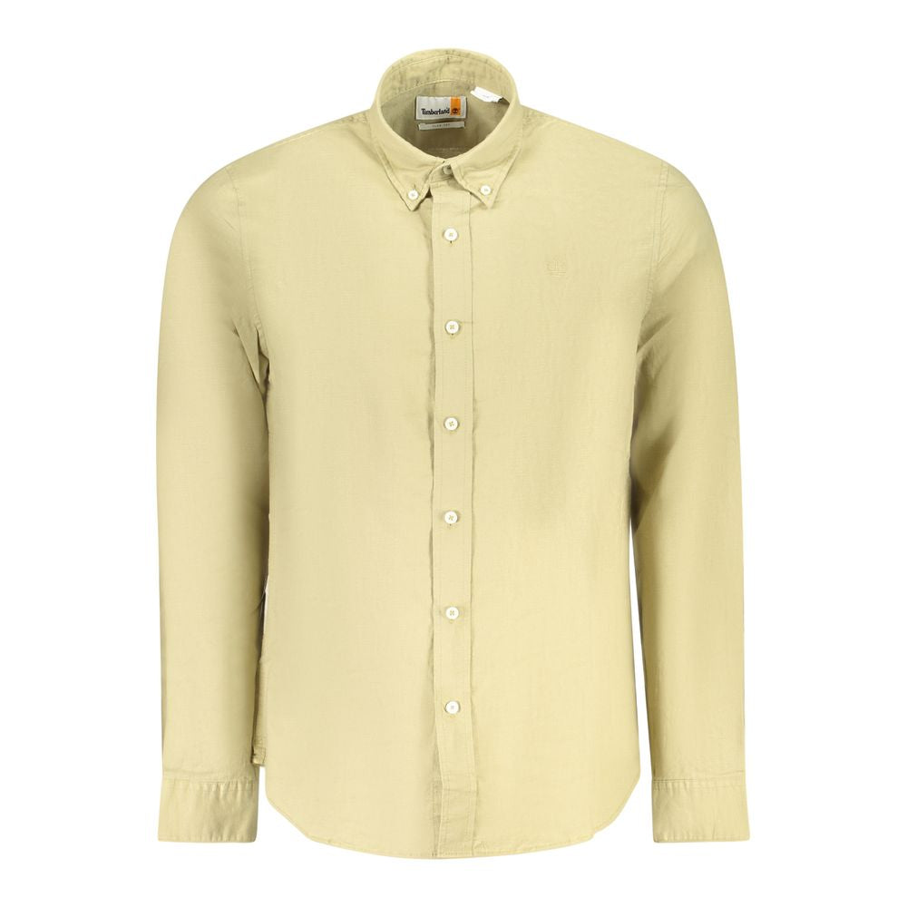Men's beige cotton shirt by Timberland, featuring a slim fit, button-down collar, and 1-button cuffs, showcasing casual elegance.