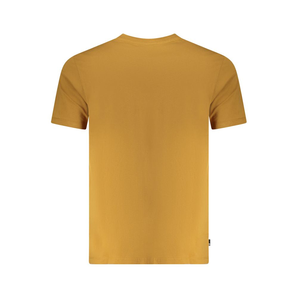 Back view of Timberland brown cotton men's t-shirt with short sleeves and crew neck design, showcasing simplicity and style.