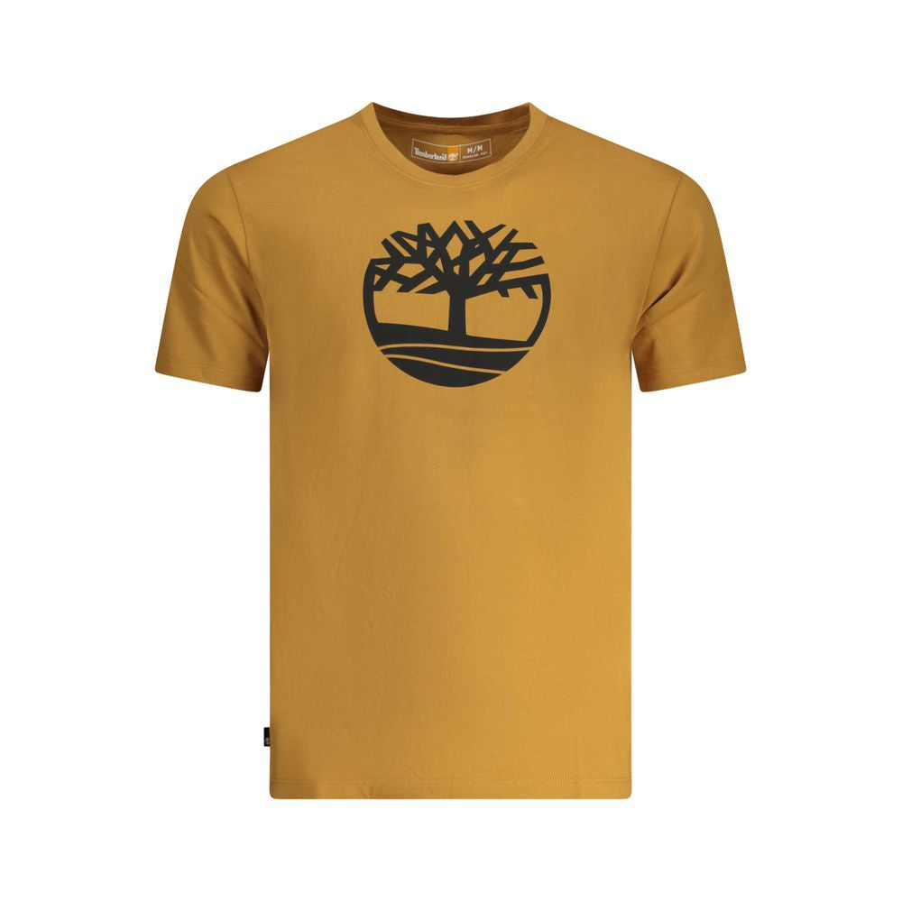 Timberland brown cotton men's t-shirt with short sleeves and bold logo print, crew neck, and premium casual style.