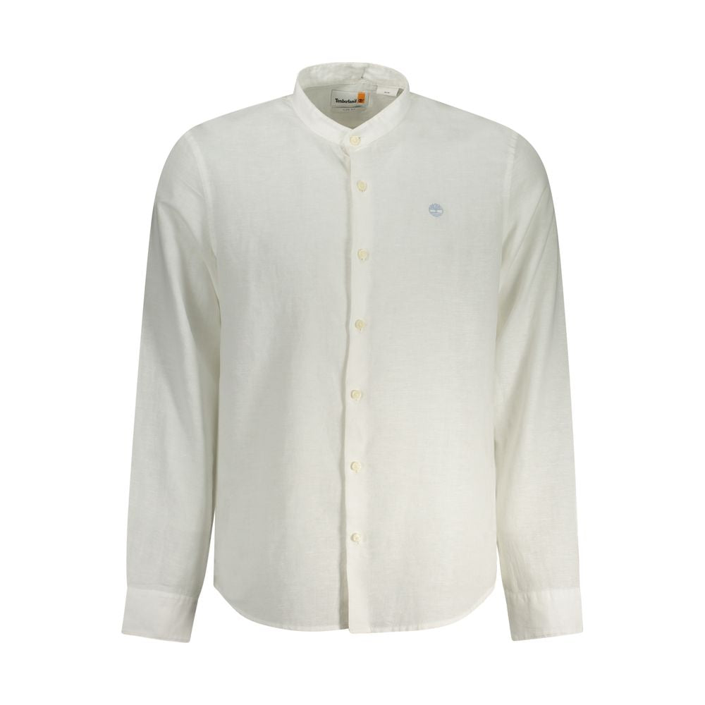 Timberland white cotton long sleeve shirt with mandarin collar and embroidery, slim fit, featuring buttons and logo detail.
