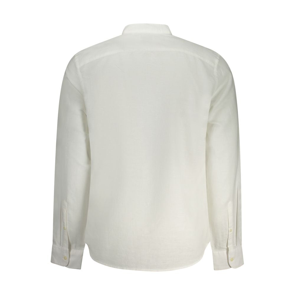 Back view of Timberland white long sleeve cotton shirt with mandarin collar, slim fit, and embroidery details.