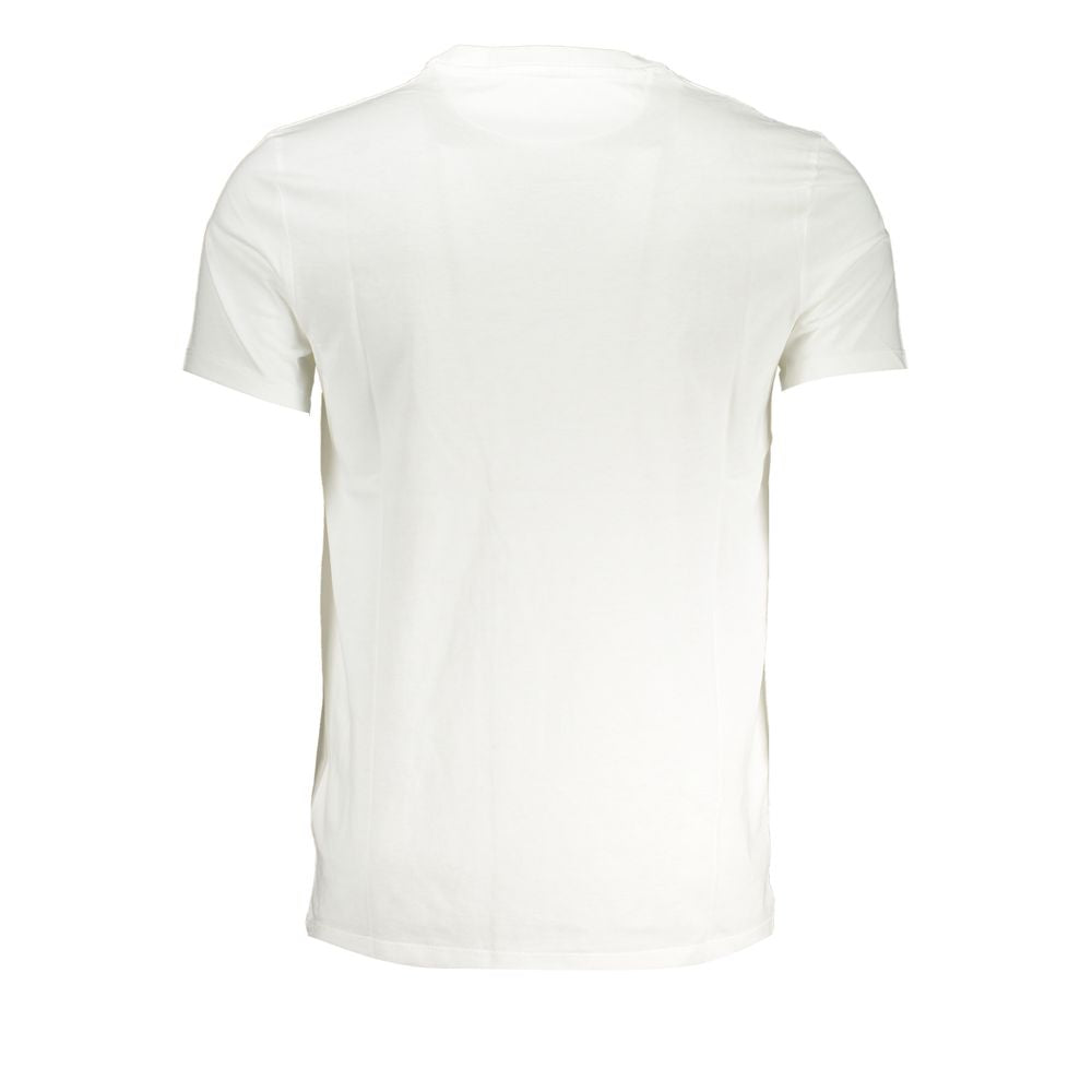 Back view of a Timberland white cotton men's T-shirt, showcasing slim-fit and short sleeves with a classic crew neck design.
