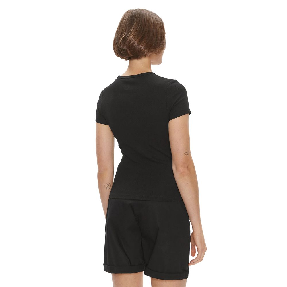 Back view of women's black cotton Tommy Hilfiger T-shirt, part of the Autumn/Winter collection, made of 95% cotton and 5% elastane.