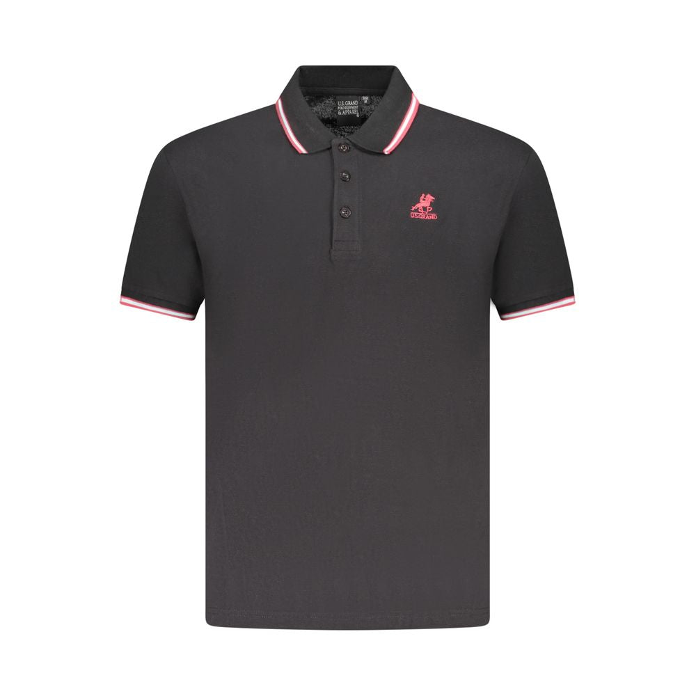 U.S. Grand Polo black cotton men's polo shirt with embroidery and contrasting details, front view.