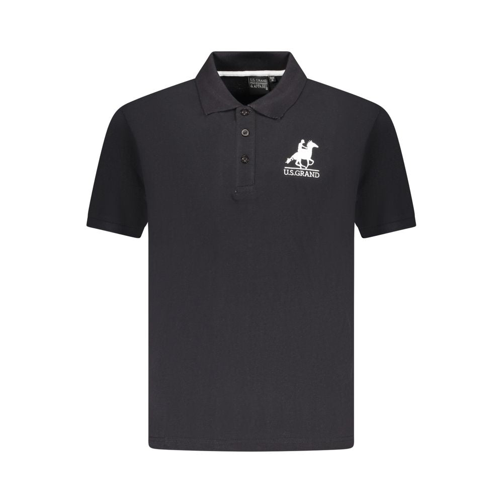U.S. Grand Polo black cotton men polo shirt with embroidery and logo, short sleeves, and three-button placket.
