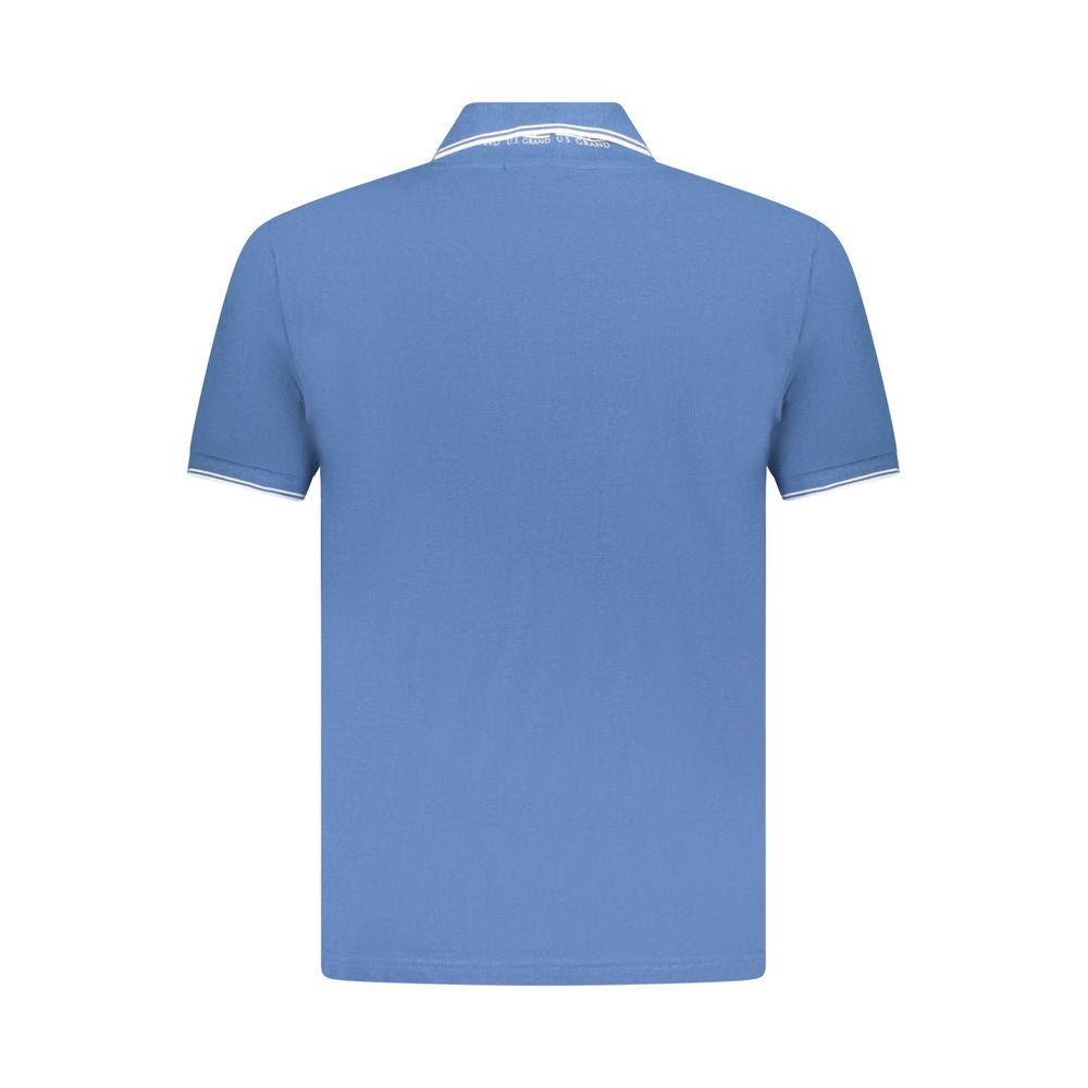 Back view of U.S. Grand Polo blue cotton men's short sleeve shirt with contrasting collar detailing.