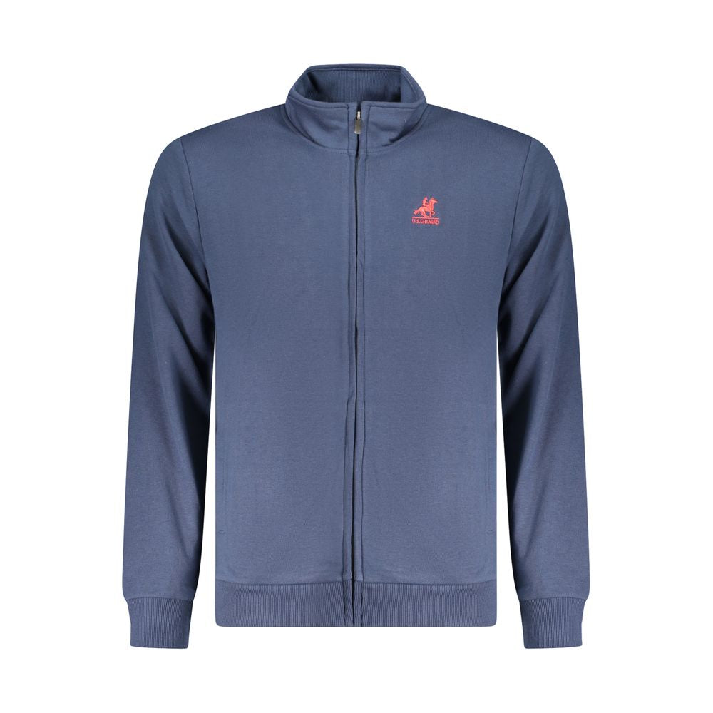 Blue cotton U.S. Grand Polo sweater with long sleeves, zip closure, two pockets, and embroidered logo.