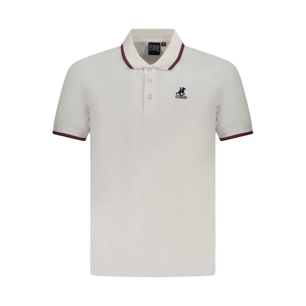 U.S. Grand Polo White Cotton Men Polo Shirt with logo embroidery and three-button placket, featuring contrasting collar and sleeve details.