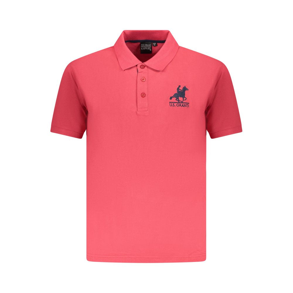 Red cotton men's polo shirt with U.S. Grand Polo logo and three-button placket, perfect for modern gentlemen seeking style and comfort.