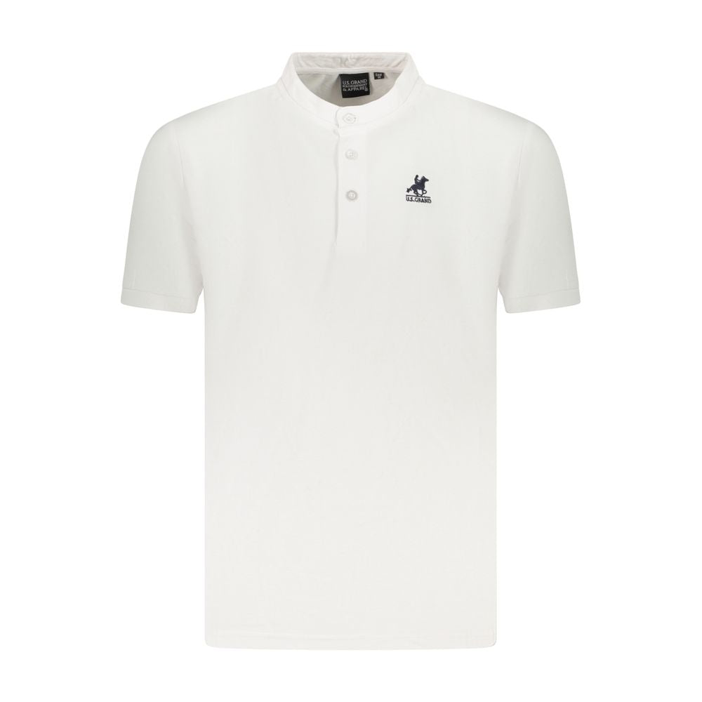 U.S. Grand Polo white cotton men's polo shirt with Korean collar and embroidery, classic 3-button design, short sleeves.