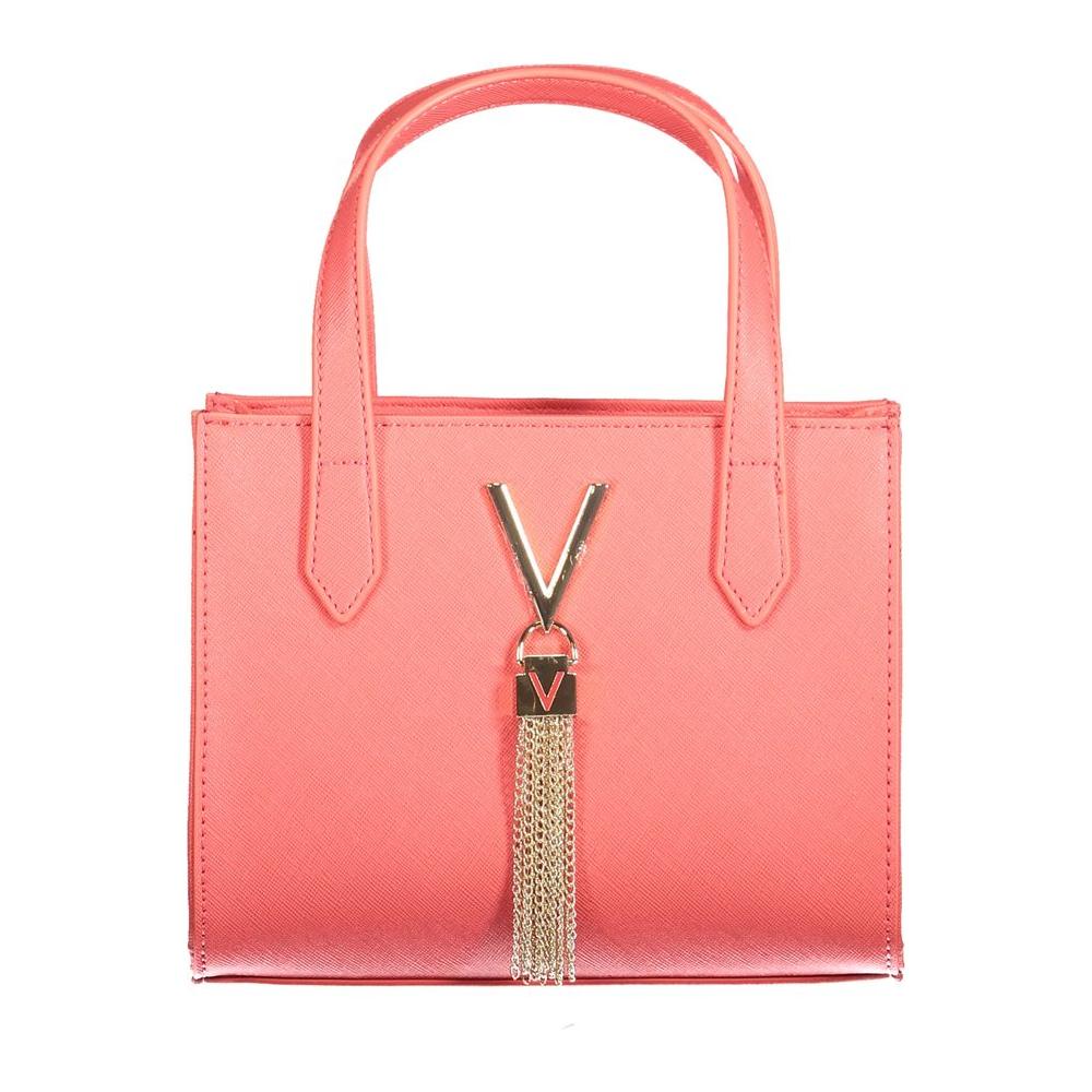 Valentino Bags pink polyethylene women's handbag with elegant double handles and gold V tassel detail.