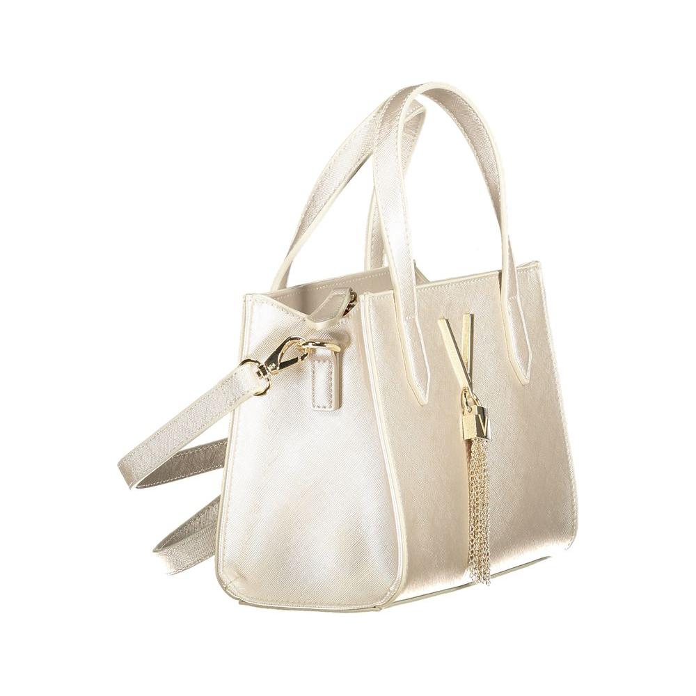 Elegant cream handbag with gold accents and detachable strap, perfect for modern sophistication and versatile styling.