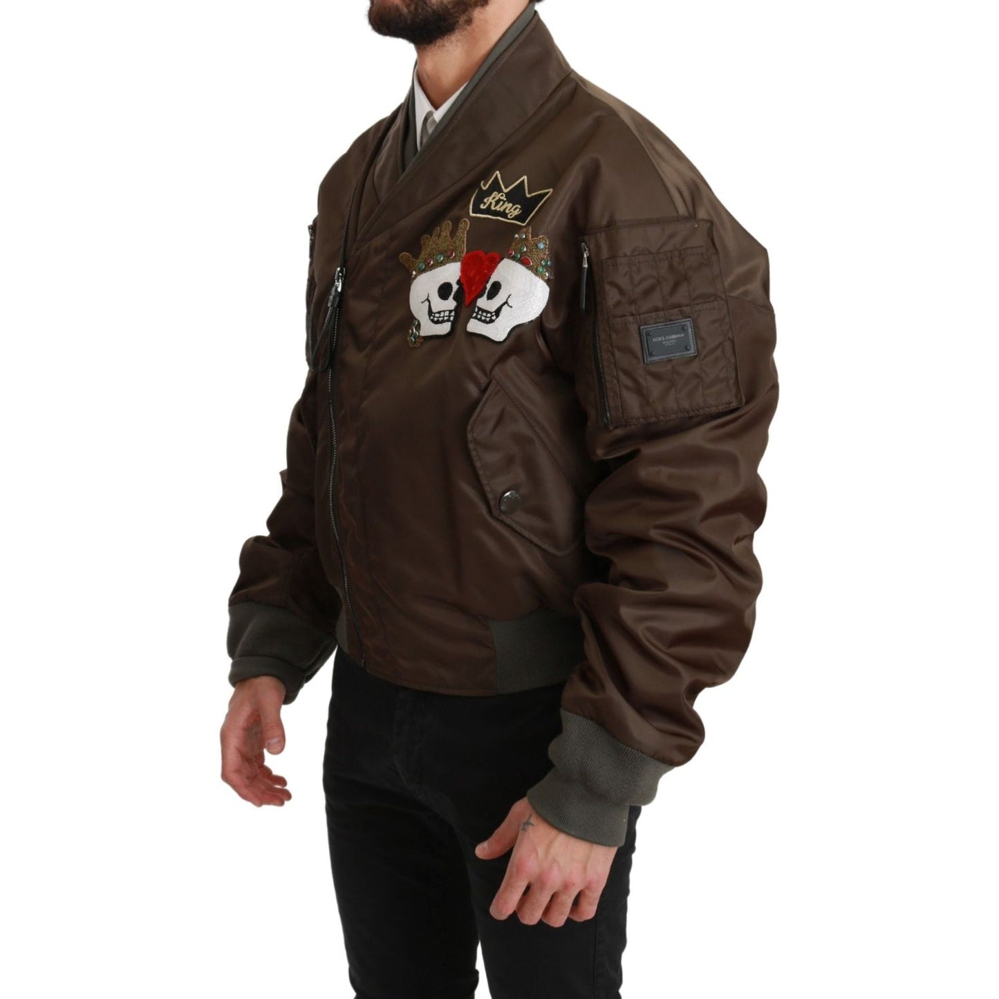 Dolce & Gabbana Brown Beaded Crown Skull Logo Jacket