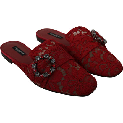 Dolce & Gabbana Red Lace Crystal Slide On Flats Shoes