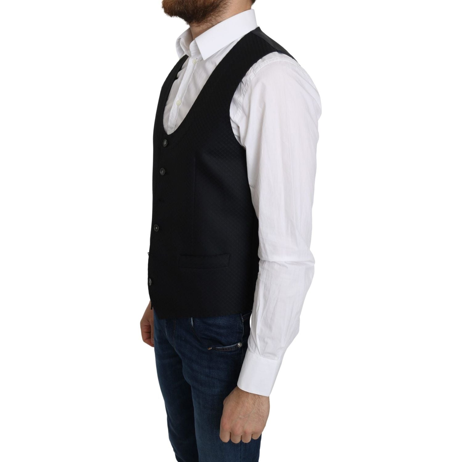 Dolce & Gabbana Blue Silk Romb Pattern Formal Coat Vest