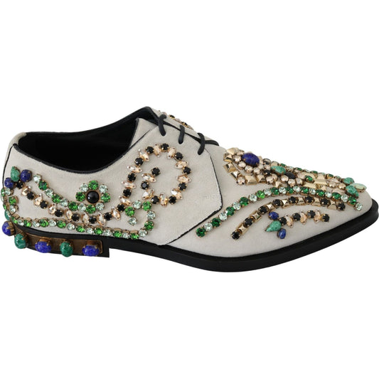 Dolce & Gabbana Elegant White Suede Dress Flats with Crystals Dolce & Gabbana Dark Gray