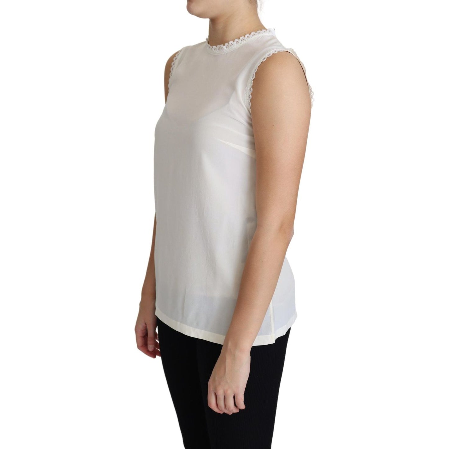 Dolce & Gabbana White Blouse Silk Lace Trimmed Sleeveless Top TSH5857-38