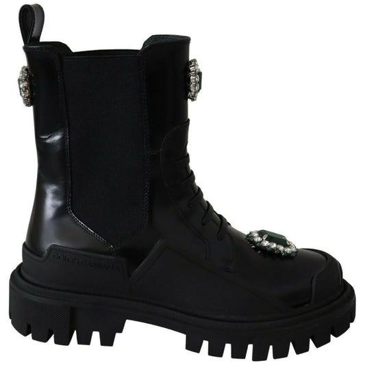Dolce & Gabbana Elegant Black Leather Combat Boots with Crystal Detail Dolce & Gabbana Black