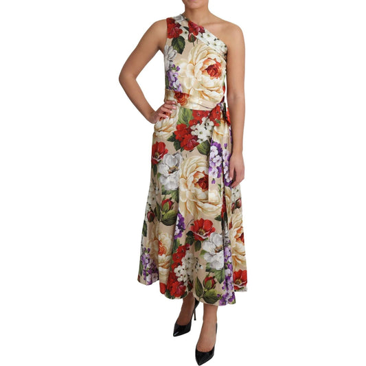 Dolce & Gabbana Elegant One-Shoulder Floral Silk Maxi Dress WOMAN DRESSES Dolce & Gabbana Rosy Brown