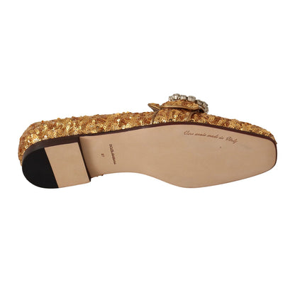 Dolce & Gabbana Gold Sequin Crystal Flat Women Loafers Shoes