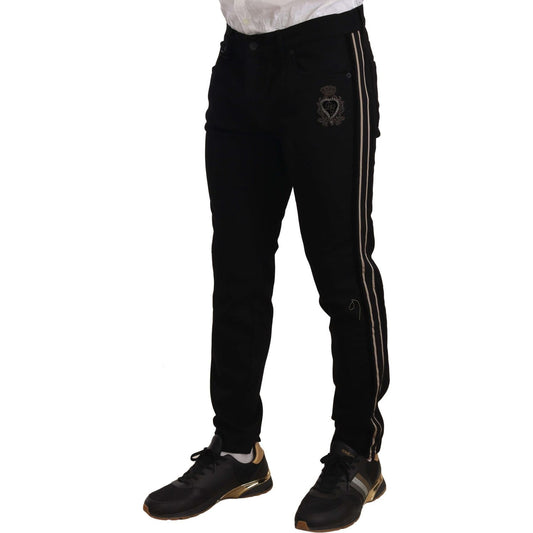 Dolce & Gabbana Heraldic Embroidered Slim Fit Black Jeans Jeans & Pants Dolce & Gabbana Black