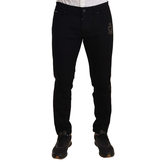 Dolce & Gabbana Heraldic Embroidered Slim Fit Black Jeans Jeans & Pants Dolce & Gabbana Black