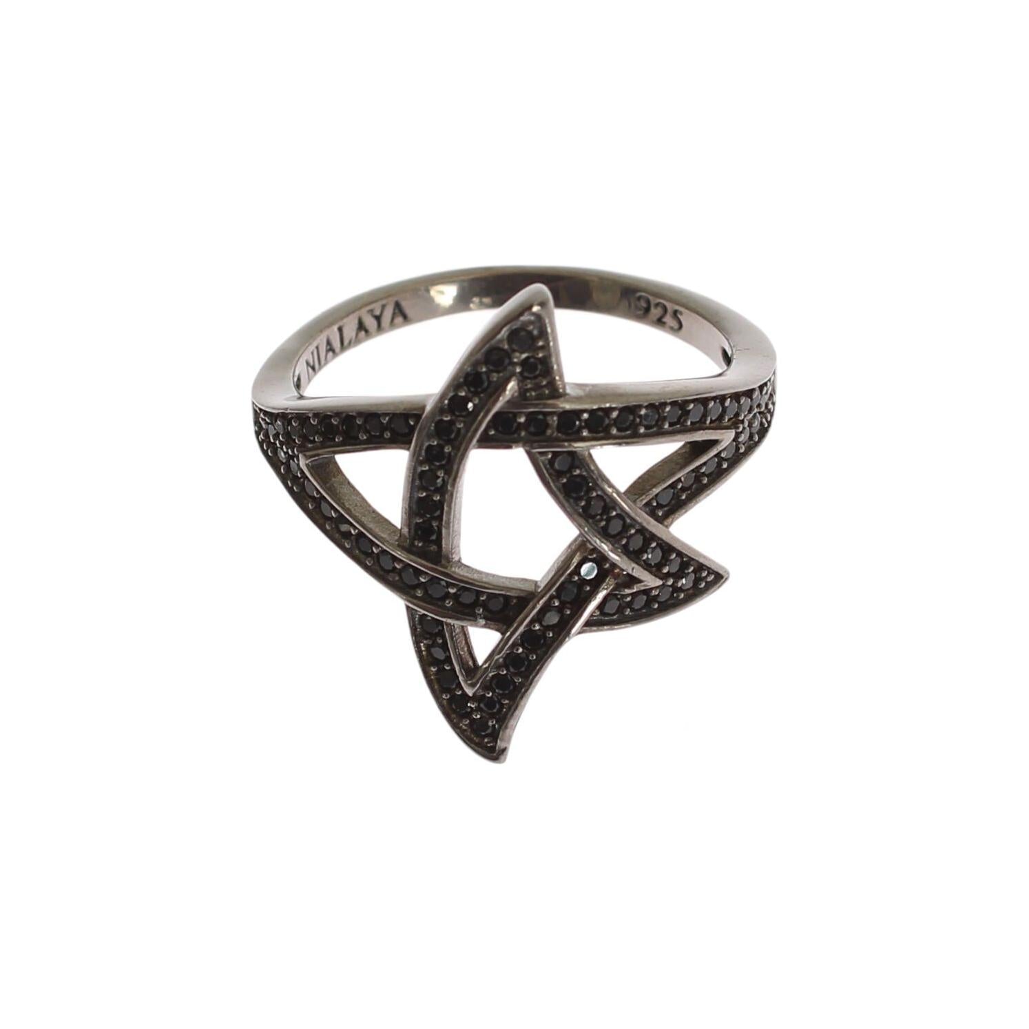 Nialaya Black CZ Rhodium 925 Silver Womens Ring