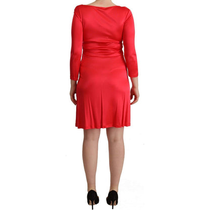 John Galliano Red Viscose 3/4 Sleeves Deep Round Neck Sheath Dress WOMAN DRESSES