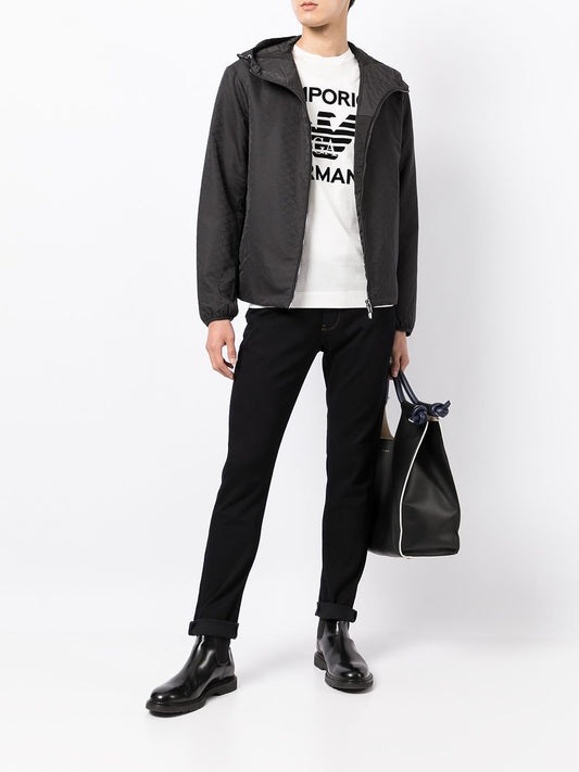Emporio Armani Hooded jacket with zip in nylon jacquard eagle all over Jackets Emporio Armani Dark Slate Gray