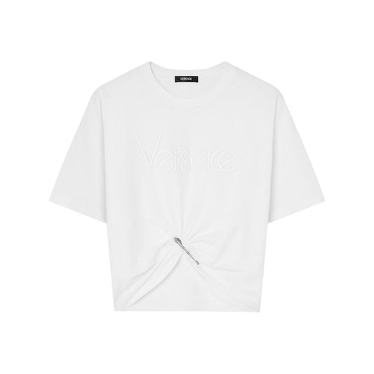 Versace logo-embroidered T-shirt in white Topwear Versace White Smoke