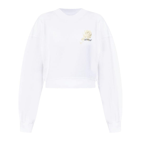 Off White cropped white sweatshirt with crew neck, ribbed cuffs, and graphic roses and arrows print on the back.