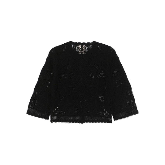 Black cotton cardigan with scallop edge and button fastening, Semicouture Adriana design, crew neck, long sleeves, size S available.