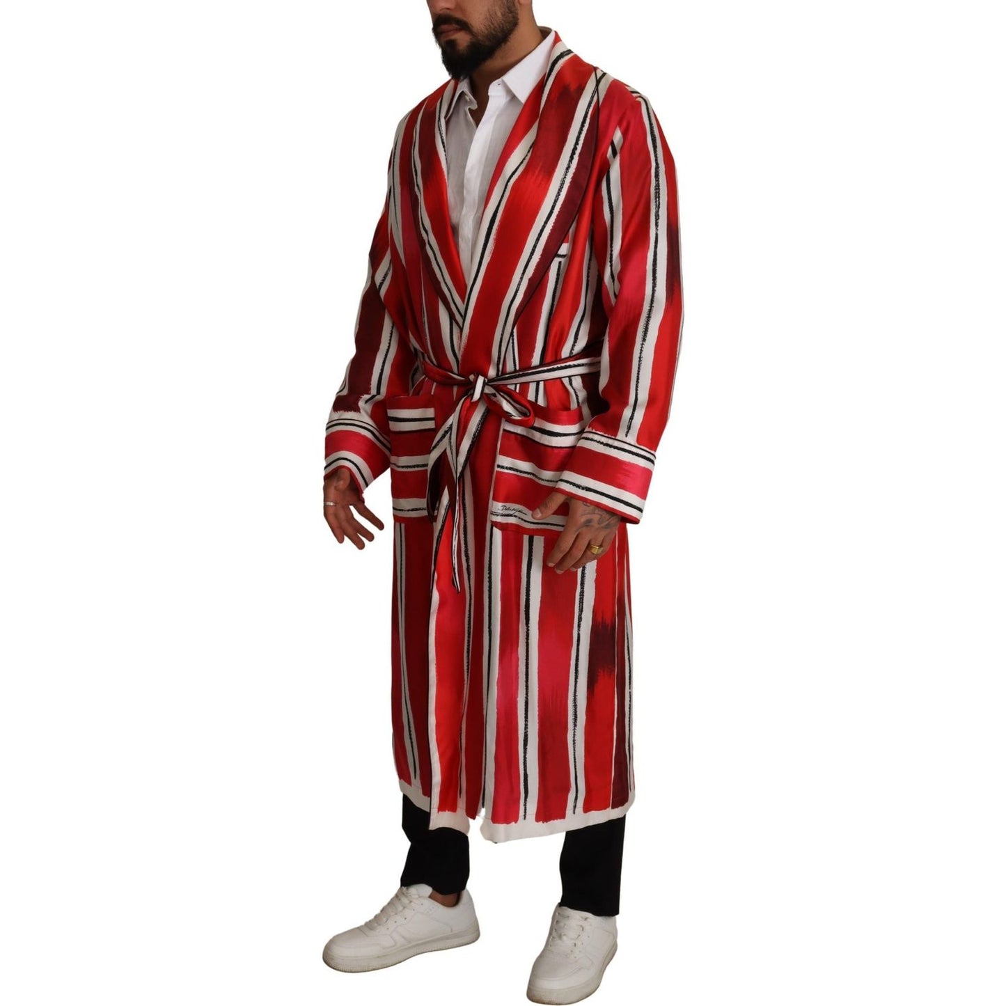 Dolce & Gabbana Red White Striped Silk Mens Night Gown Robe