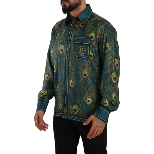 Dolce & Gabbana Peacock Feather Print Silk Pajama Mens Shirt TSH7542- 40
