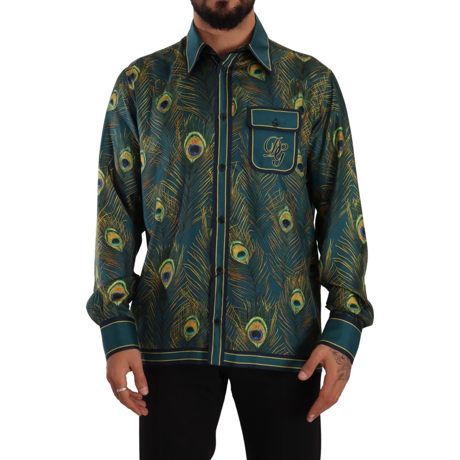 Dolce & Gabbana Peacock Feather Print Silk Pajama Mens Shirt