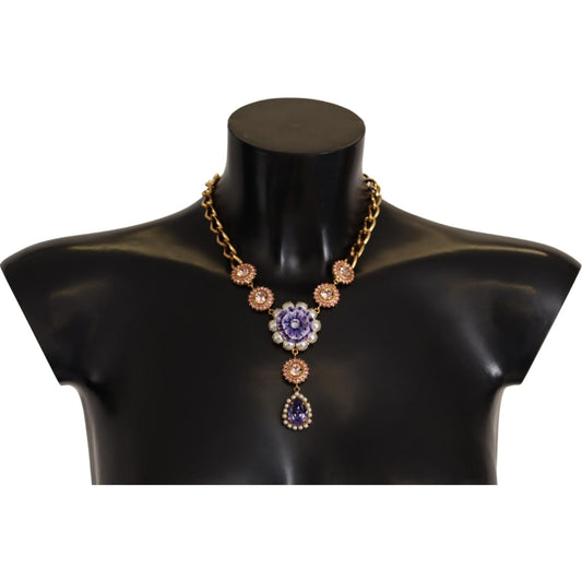 Dolce & Gabbana Gold Brass Crystal Purple Pink Pearl Pendants Necklace