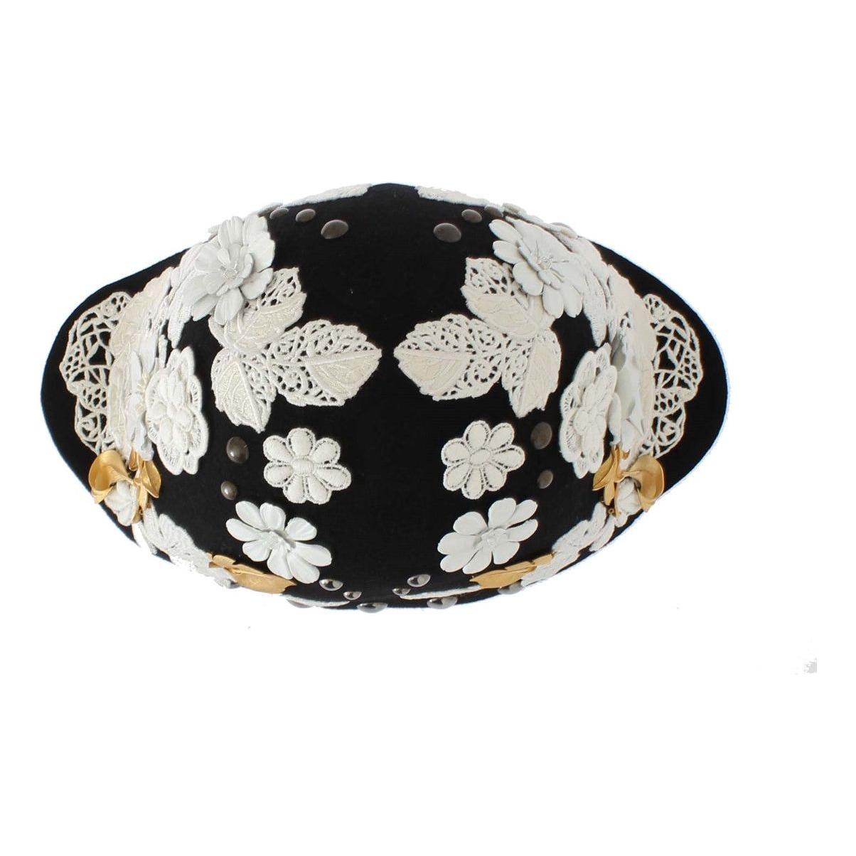 Dolce & Gabbana Black Wool White Floral Gold Leaf Hat