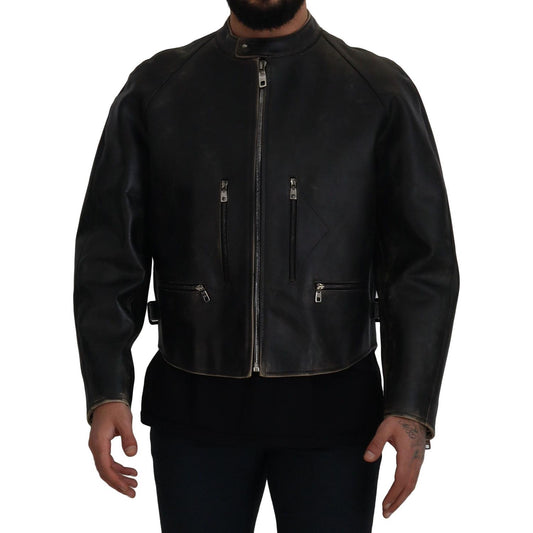 Dolce & Gabbana Elegant Black Leather Jacket with Silver Details Dolce & Gabbana Black