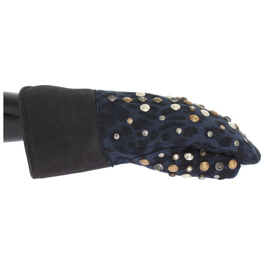 Dolce & Gabbana Gray Wool Shearling Studded Blue Leopard Gloves