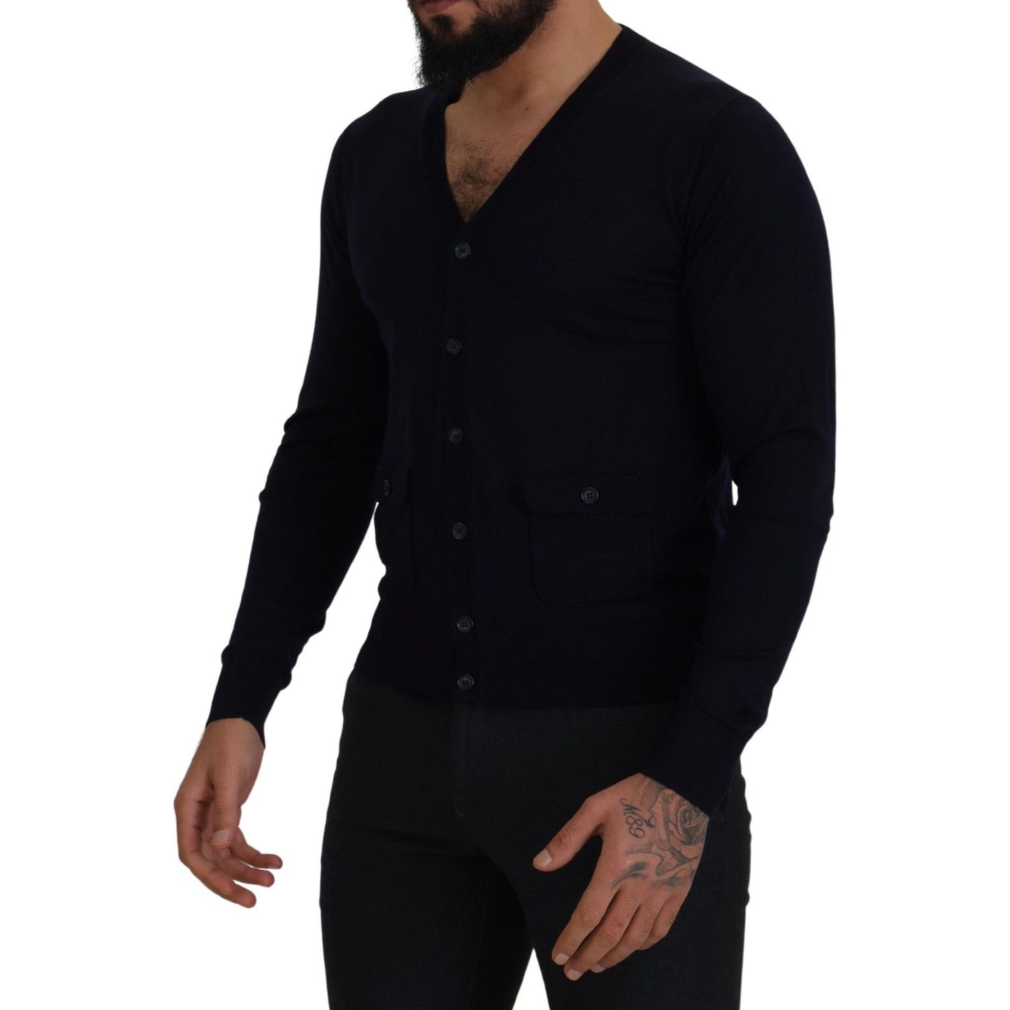 Dolce & Gabbana Blue Wool STAFF Down Cardigan Sweater