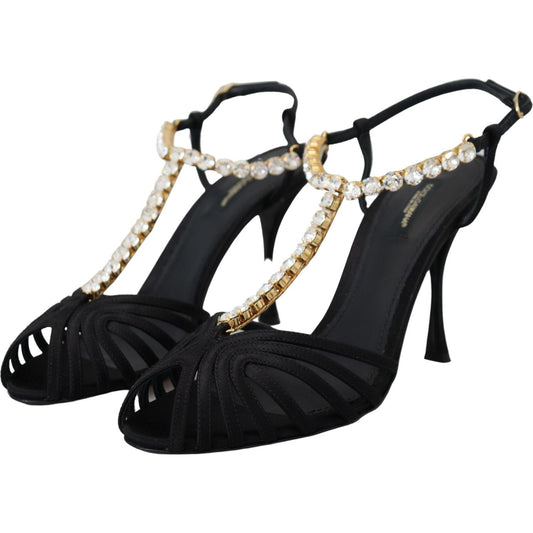 Dolce & Gabbana Elegant Silk Blend Crystal T-Strap Heels Dolce & Gabbana Black