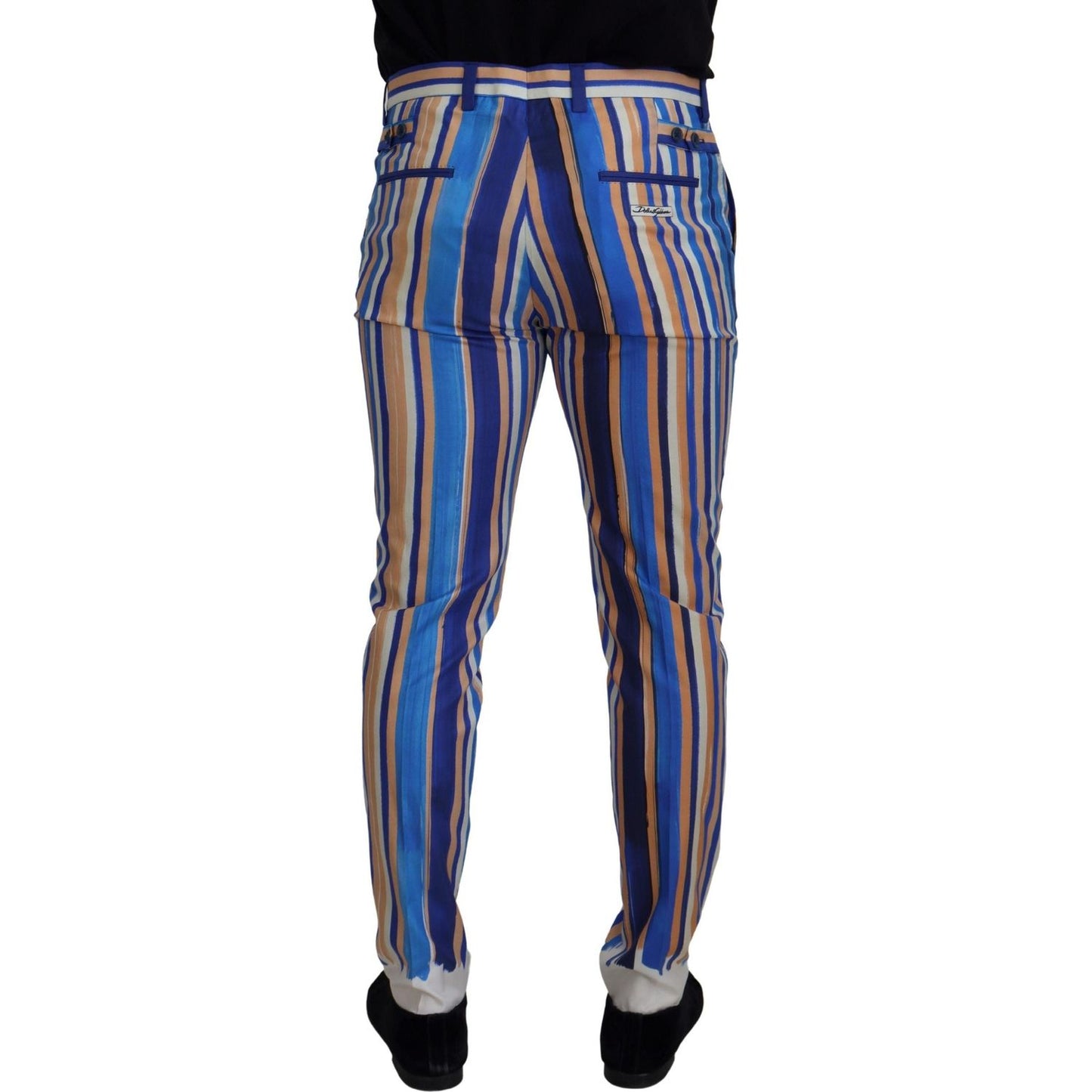 Dolce & Gabbana Blue Striped Silk Cotton Slim Trousers Pants